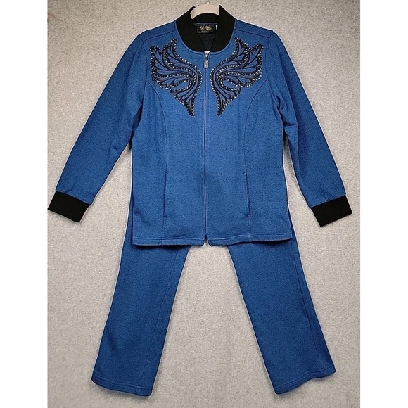 BOB MACKIE Wearable Art 2 Pc Set Wmns Small Blue Sequin Embroidered Jacket Pants - Picture 1 of 16